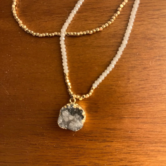 Double-strand dainty and delicate, blue and gold metallic druzy pendant necklace - Picture 2 of 3